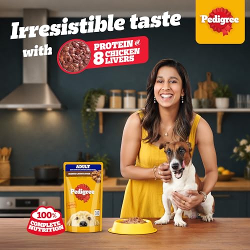 Image of Pedigree Adult Wet Dog Food, Roasted Lamb Flavour Chunks in Gravy, 130 g (Pack of 120), Complete & Balanced Meal for Adult Dogs