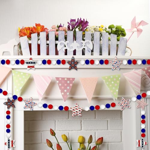 Image of 4th of July Garland, 8.2ft Felt Patriotic USA Garland for Mantle Red White Blue Patriotic Star Banner Decor for Independence Day Halloween Party