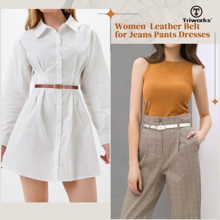 TRIWORKS Women Skinny Leather Belt for Dress Pants Jeans Ladies Thin Waist Belts with Gold Buckle - Image 2