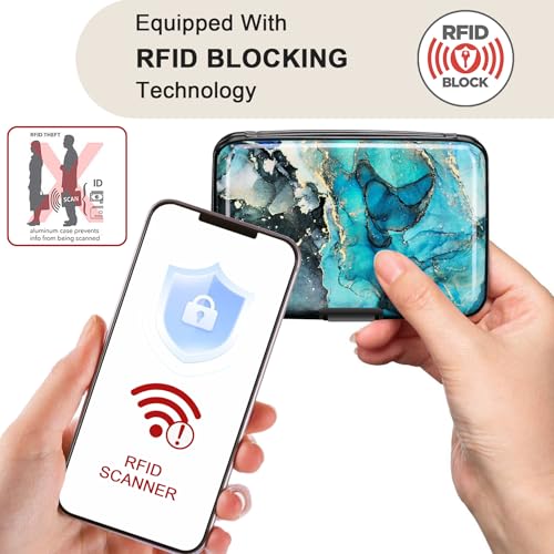Image of Elfish RFID Blocking Credit Card Protector Aluminum ID Case Hard Shell Business Card Holders Metal Wallet for Men or Women, Graygreen Marble,