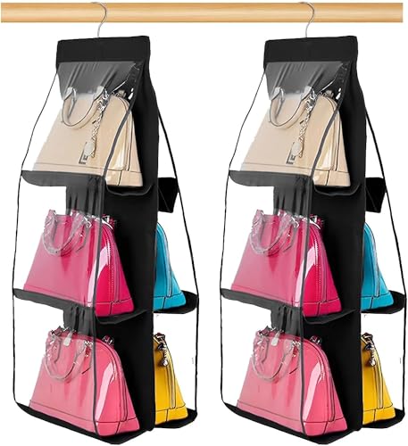 Image of Hanging Handbag Organizer - Multi-Compartment Purse Storage with Adjustable Hooks - Space-Saving Closet Organizer for Handbags, Purses, Wallets - Durable, Home (2 Pcs Black)