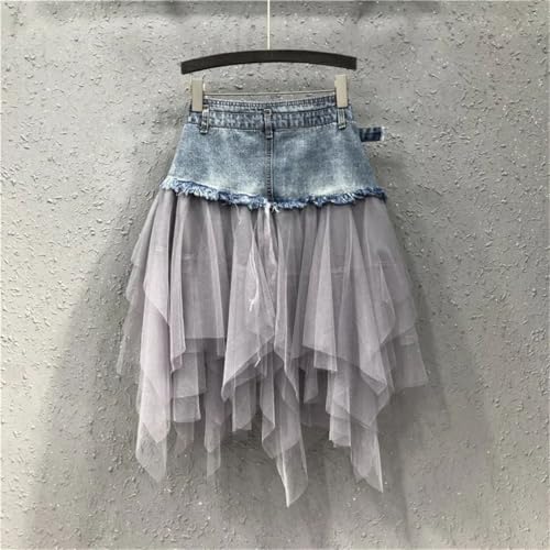 Women’S High Waist Denim Mini Skirt Irregular Mesh Patchwork Tassel Detail Club Party Short Jean Bottoms4