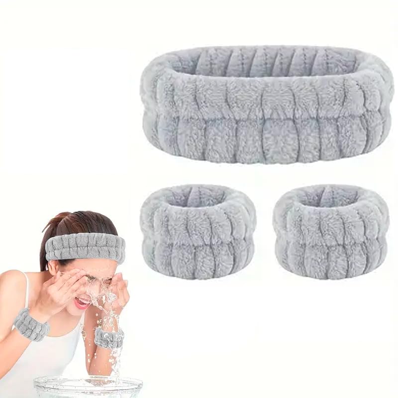 Set de diadema facial y muñequeras absorbentes de spa, banda spa para el cabello, cintillo de belleza, rutina facial, maquillaje y rutina de belleza, lavado de cara (Gris)