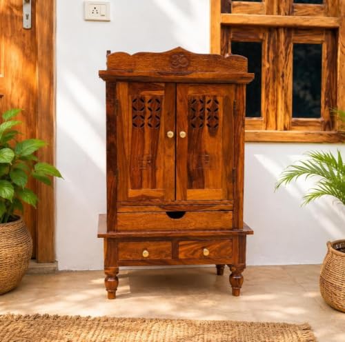Wudniture Premium Solid Sheesham Wood Pooja Mandir for Home, Offi...