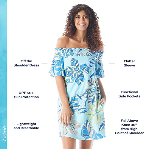 Off The Shoulder Dress — Upf 50+ Sun Protection And Pockets — Megan, Blue Floral, Medium #TOP1