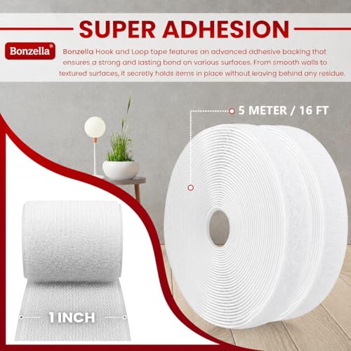 Image of BONZELLA Self Adhesive Hook and Loop Tape, Mosquito Net Mounting Tape for Office use, Photo Frames, Multipurpose Double Sided Adhesive Hook Loop Tape for Crafting & Wall Hanging, White (5M x 25mm)