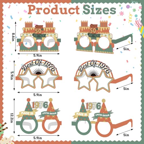 Chapou 24 Pcs Vintage 50th Birthday Paper Glasses Decorations for Men Women Back in 1976 Birthday Party Favors 50th Paper Eyeglasses Photo Props for 1976 Fifty Years Old Party Supplies by Chapou - Image 2