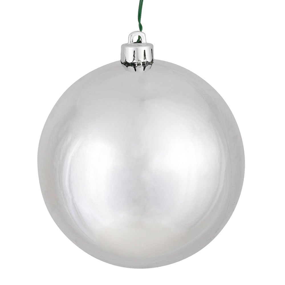 Vickerman 4" Silver Shiny Ball Ornament, Shatterproof and UV Resistant Plastic, Drilled Cap with Floral Wire, 6 Pack, Ideal for Holiday Decorating and Tree Display, Gloss Finish Adds Style