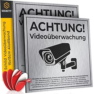 2-er SIGNITY Schild Videoüberwachung (15×15 cm klein) inkl. DSGVO Hinweis – Warnschild Kamera Überwachung – ideal zur Kamera Attrappe – Aluminium Schild – Achtung Videoüberwachung für Privatgrundstück
