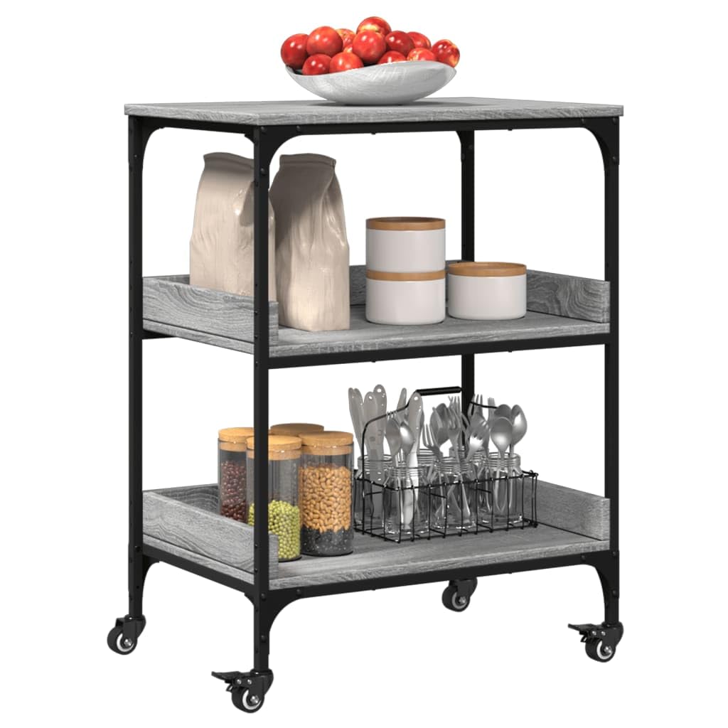 Carro de cocina gris Sonoma 60 x 41 x 80,5 cm de material de madera con marco de acero y 4 ruedas, 2 con bloqueo, carrito de servicio para almacenamiento adicional en la cocina y el salón,