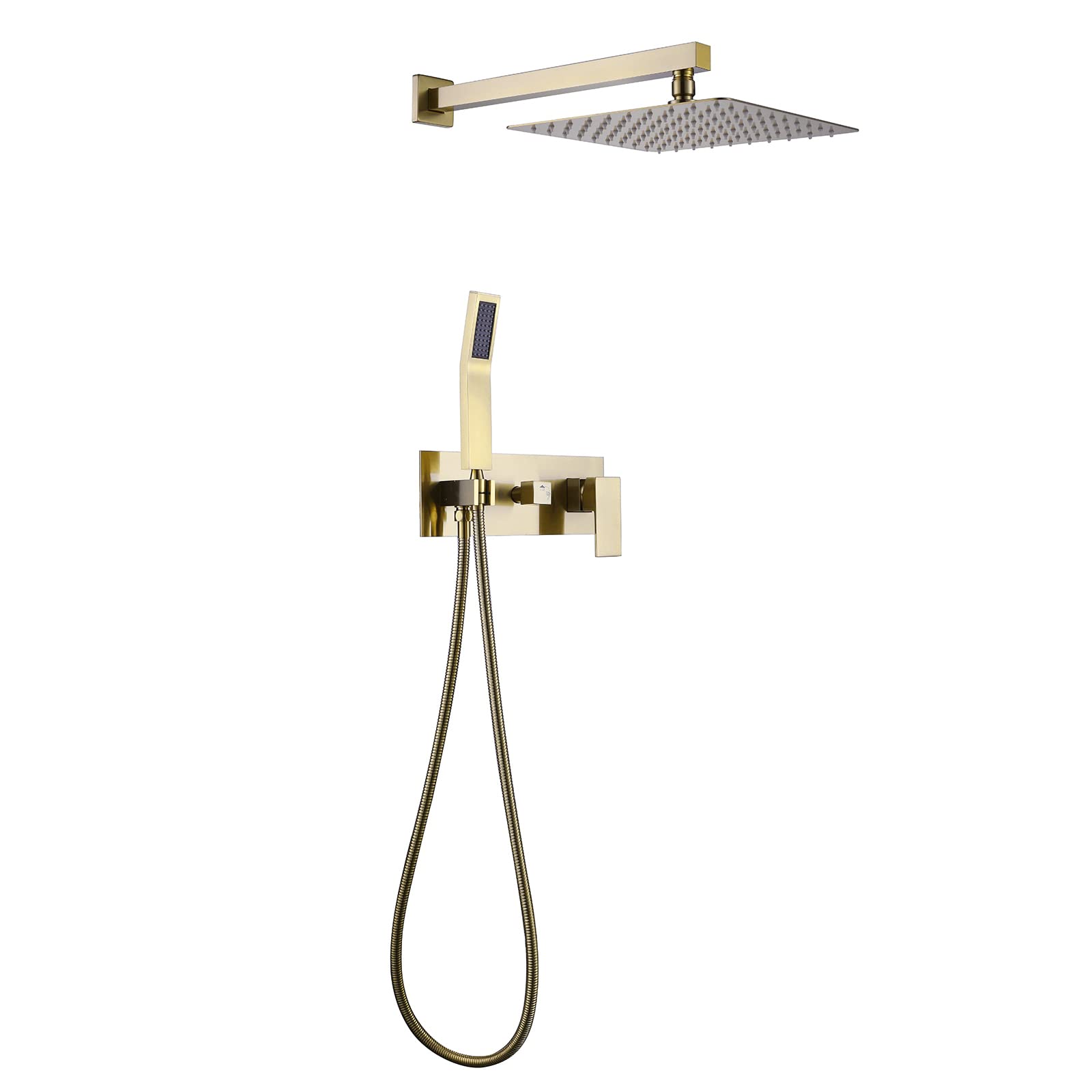 Grifo Mezclador baño con Ducha Lluvia y rociador Mano, Grifo Ducha Dos vías, Mezclador Lluvia Pared Oro Cepillado con Cabezal Ducha Lluvia 25 cm.