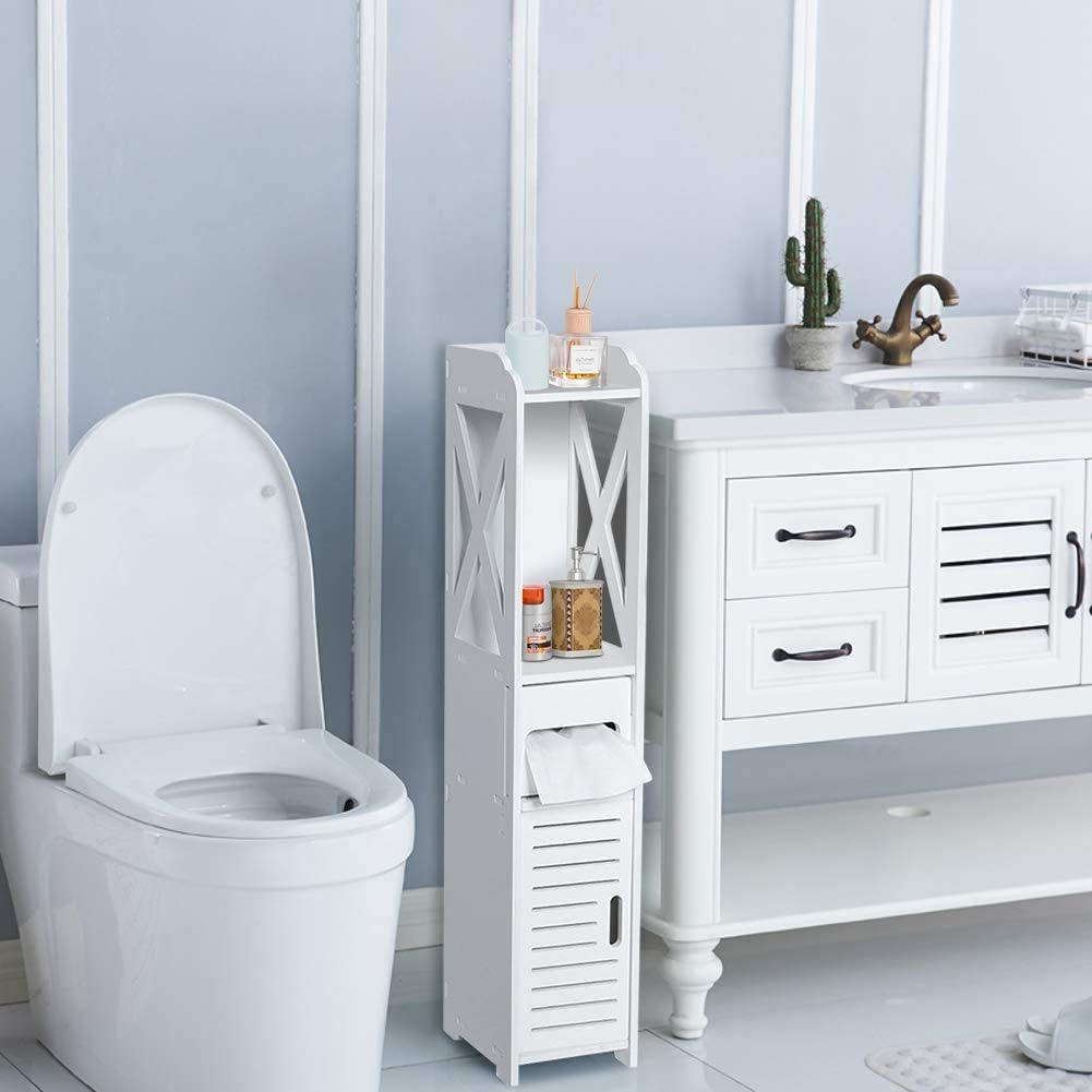 Badezimmerschrank Weiß Toilettenrollenhalter Badregal Standschrank Seitenschrank Standregal mit Papierschicht für Badezimmer Schlafzimmer Wohnzimmer Küche Flur, 80 x 15,5 x 15
