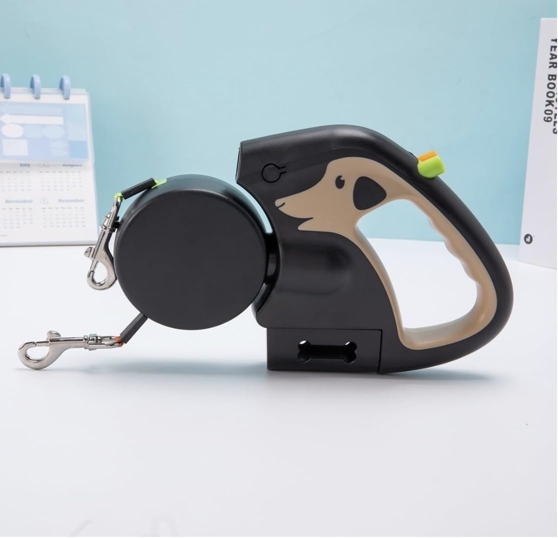 Retractable Double Dog Leash for 2 Dogs with 360 degrees Swivel，No Tangle 360 Technology, LED Flashlight, Poop Bag Holder, Reflective Leads for Safety,Dual Locking(Brown)(Brown)