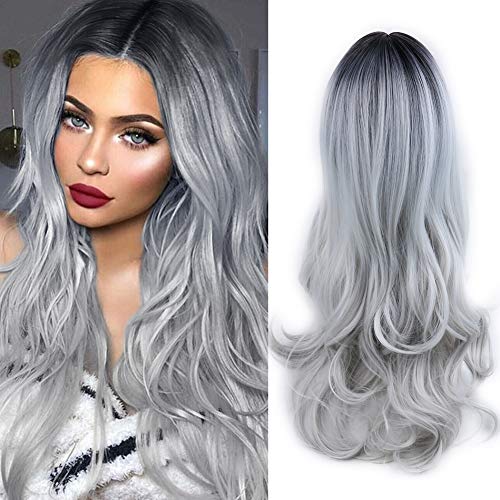 HANNE Ombre Gray Long Wavy Hair Heat Resistant Body Wave Synthetic Wigs for Women High Density Full Wigs(1B/Gray)