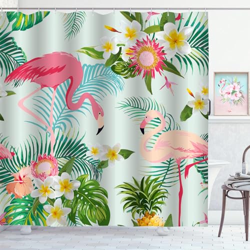 ZCHOMI Pink Flamingo Shower Curtain Tropical Floral Leaves Green Summer Shower Curtains for Bathroom Waterproof Polyester Fabric Bath Curtain 72 x 72 Inch with 12 Plastic Hooks