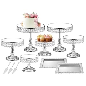 12 Pieces Silver Cake Stand Set, Vintage Cake Display Stand with Crystal Edge and Cupcake Display Tray, Dessert Table Display Set for Wedding Party Baby Shower Anniversary Celebration