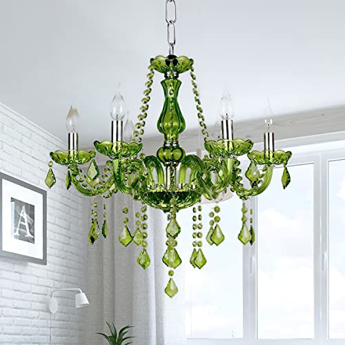 Green K9 Crystal Candle Chandeliers Lighting Modern Pendant Lights Ceiling Fixture Lamp for Dining Living Room Bedroom Hallway Entry Elegant Decoration 6 Lights E12 Base, H20.5 x W23.6 Inch (Upgraded)