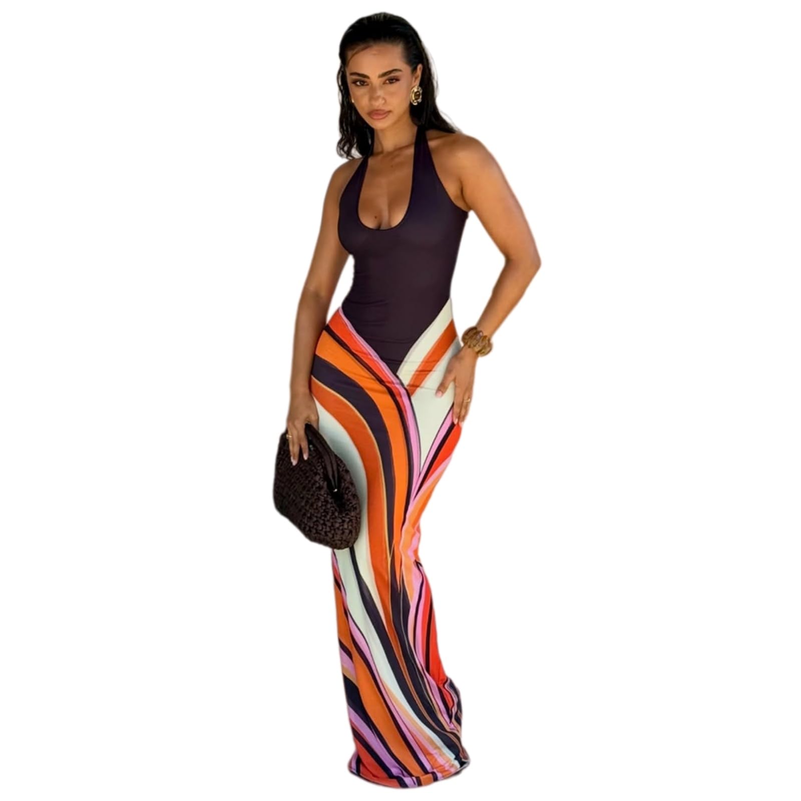 Vestito Frauen Bohemian Maxi Kleid 2026 Ärmellos Halter Rückenlos Gedruckt Bodycon Langes Sommerurlaub Strand Chic Outfit Vestidos m