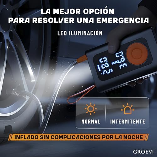 Groevi© Inflador Ruedas Coche 150 PSI – Compresor Aire Portátil Recargable con Batería 4000 mAh USB‑C, LCD Digital, LED Emergencia – Inflador eléctrico con Accesorios Coche y Moto, Viaje - imagen 5