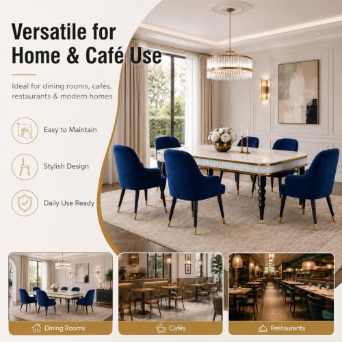 Image of 6-Seater Dining Table Set with Nano Composite Marble Top | Golden PVC Wooden Base | Includes 6 Fabric Upholstered Chairs | 2 Year Warranty | Dining Room Furniture Set for Home (Blue)