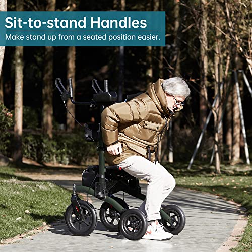 Elenker All-Terrain Upright Rollator Walker, Stand Up Rolling Walker With Seat, 12” Non-Pneumatic Tire Wheels, Compact Folding Design For Seniors, Green #TOP4