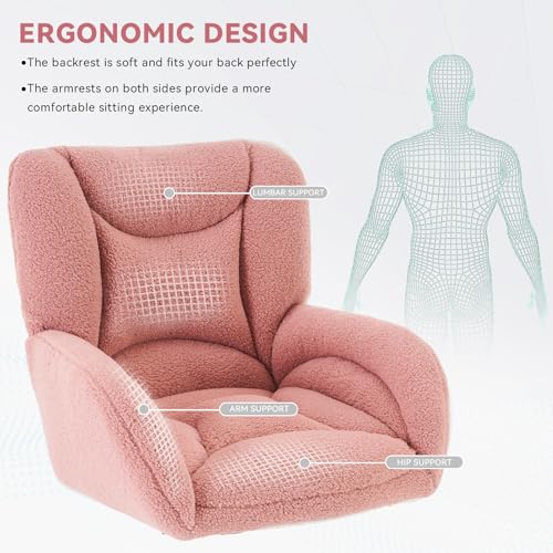 Image of FOXHUNTER Vanity Chair with Ergonomic Back & Wheels, 360 Swivel Accent Chair, Adjustable Height Home Office Chair for Living Room, Bedroom (Teddy, Pink)