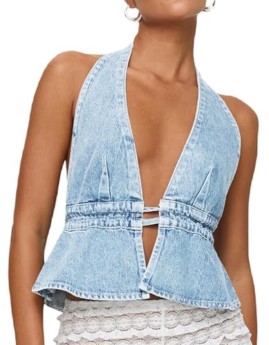 Luckinbaby Sexy Backless Denim Vest for Women Deep V Neck Sleeveless Tie Up Jean Vest Halter Open Back Tank Top