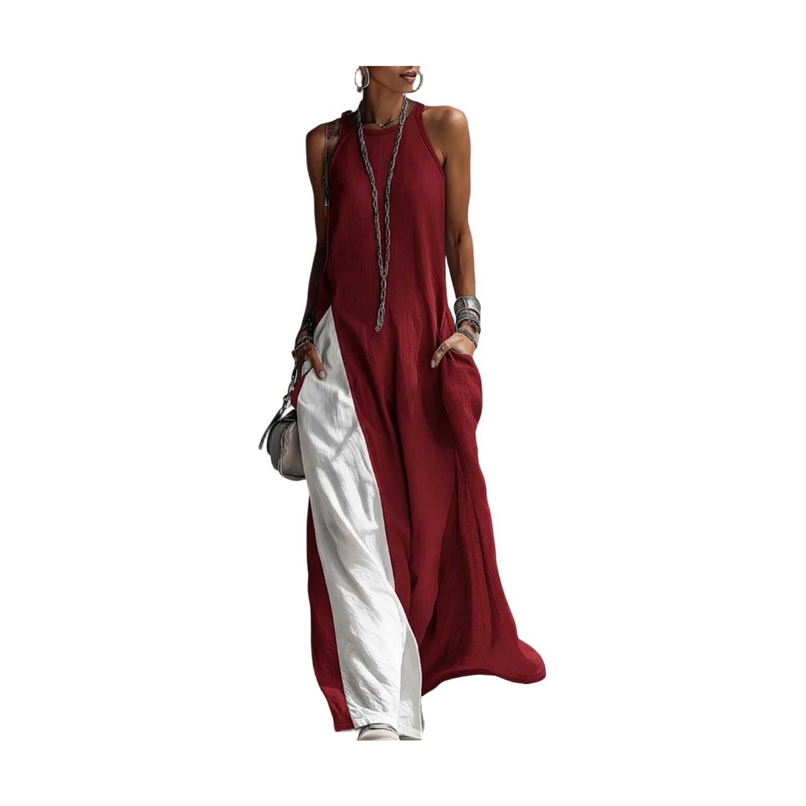 Maxi abito estivo da donna, senza maniche, girocollo, con spacco laterale, con tasche, casual, spiaggia, vacanze, uso quotidiano, leggero, morbido, vestibilità larga, comodo, da donna