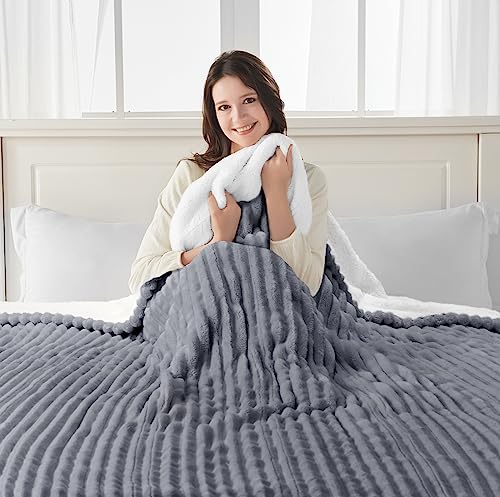 Sealy Electric Blanket Twin Size, Soft Ribbed Flannel to Sherpa Reversible Heated Blanket with 10 Heat Settings & 1 to 12 Hours Auto-Off Overheat Protection Machine Washable, 62"x84" Light Grey - Image 3