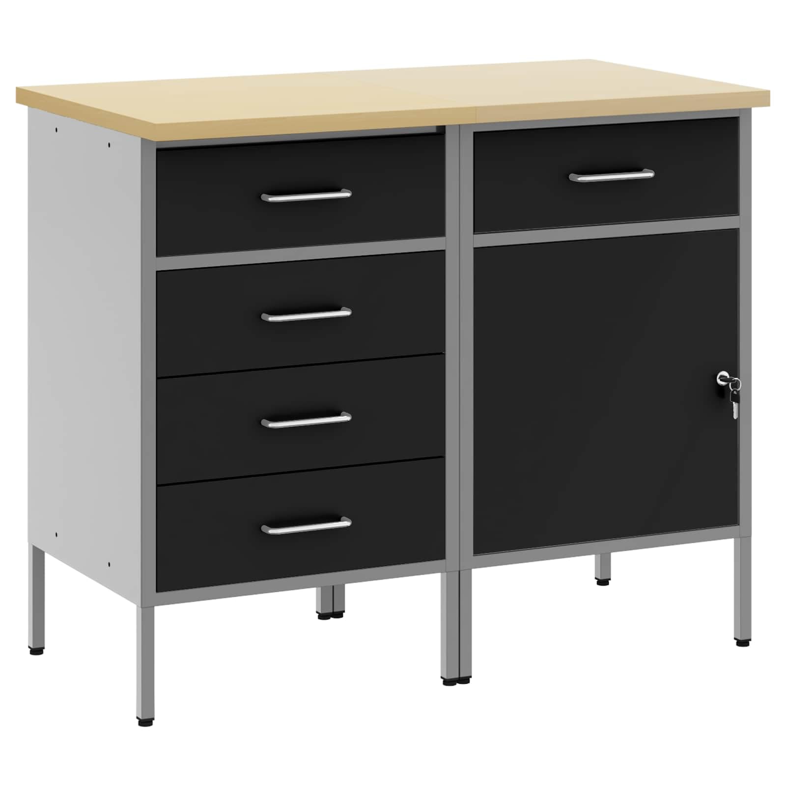 Banco da lavoro con cassetti 2 pezzi, nero e grigio, 75 x 45 x 85 cm, armadio da officina in legno e acciaio per attrezzi