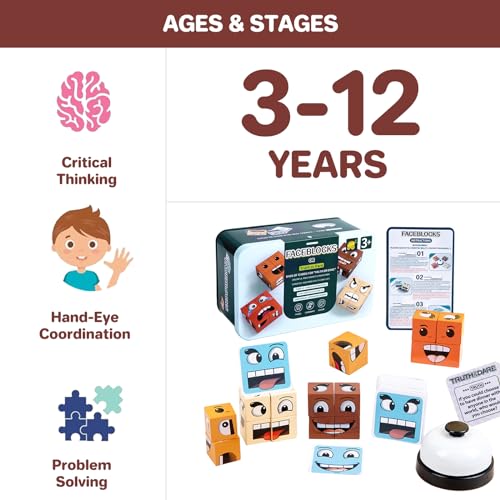 Image of Face Changing Magic Cube Game, Wooden Expression Puzzle Block Games, Fine Motor Skills Board Games for Kids & Adults with Bell