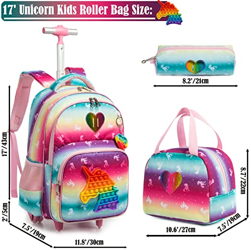 Egchescebo School Bags Kids Rolling Unicorn Backpack For Girls Luggage Suitcase With Wheels Trolley Wheeled Backpacks For Girls Travel Bags 17' 3Pcs Toy With Lunch Box Pink #TOP1