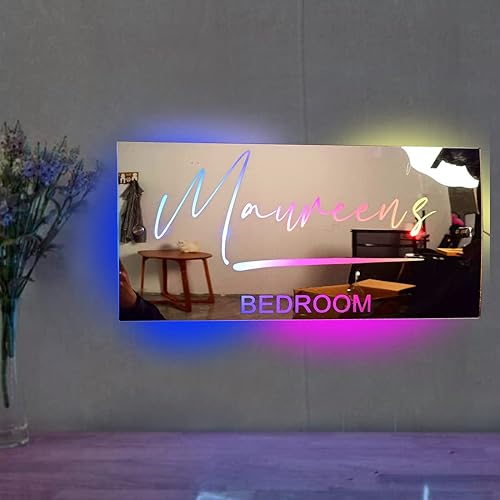 Espejo con nombre personalizado con luces, texto personalizado, luz LED multicolor cambiante, espejo montado en la pared, letreros de neón para