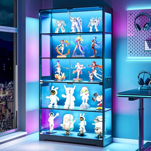 Wumagin 180 cm Vitrina de Cristal con LED, Vitrina Expositora para Colecciones 5 Niveles con Luces Dinámicas y Sensor para Dormitorio, Salón