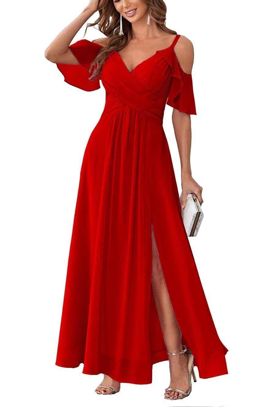 Htys V-Neck Bridesmaid Dresses with Pockets A-Line Long Chiffon Formal Party Dresses with Slit HY016