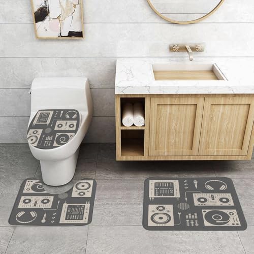 QRFASFZO Set Tappeti Bagno 3 Pezzi in Microfibra, Tappeti Assorbente Antiscivolo,Set di apparecchiature musicali per DJ retrò, semplice giradischi Shadow, altoparlanti e contro,Tappetini Doccia