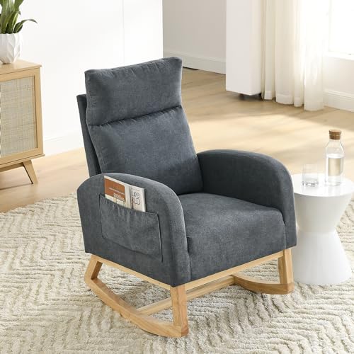 Image of JEEOHEY Rocking Chair Nursery, Modern Glider Chair for Nursery with Solid Wood Legs,Upholstered Rocker Arm Chair with Two Side Pockets for Living Room Bedroom(Fabric-Dark Gray), Fabric- Dark Grey