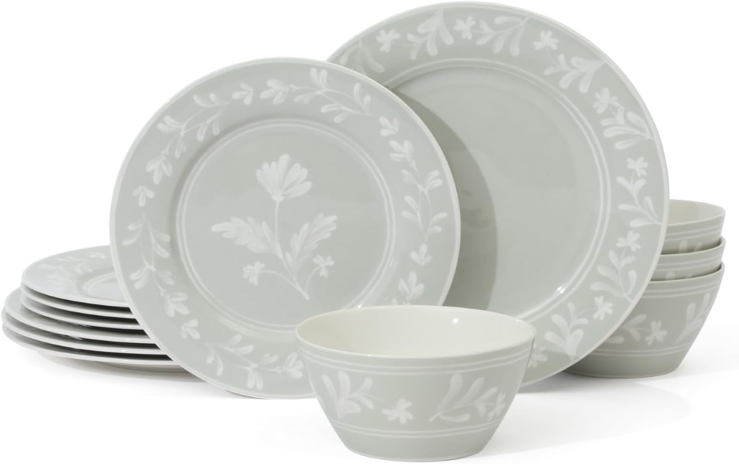 Martha Stewart Maiden Crown 12-Piece Sage Green Dinnerware Set – New Bone China Ceramic Plates & Bowls – Floral Design – Service for 4 – Microwave & Dishwasher Safe