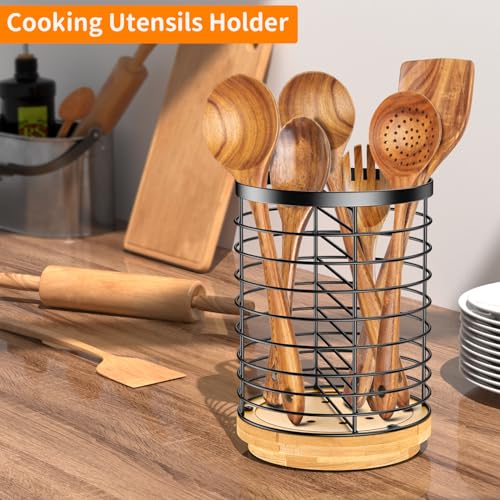 ebeau Rotating Kitchen Utensil Holder - Stainless Steel and Bamboo Utensil Holder, Large Size 6\" x 6\" x 7.8\", Utensil Holder for Kitchen Counter