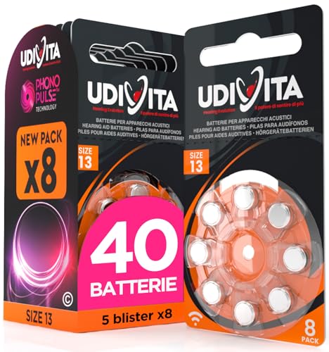 40 Batterie Udivita Misura 13 per Apparecchi Acustici Auricolari PR48 (Arancioni - Zinco Aria) con Phono Pulse Technology per Amplificatore Acustico - 5 Blister da 8 Pile