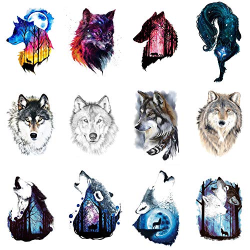 WYUEN 12 PCS/lot Wolf Temporary Tattoo Sticker for Women Men Fashion Body Art Adults Waterproof Hand Fake Tatoo 9.8X6cm FW12-01 (Wolf4)