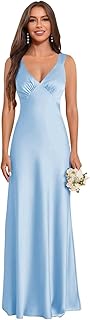 Long Satin Bridesmaid Dresses for Women V-Neck A-Line Pleated Sleeveless Formal Evening Dress - Buy now