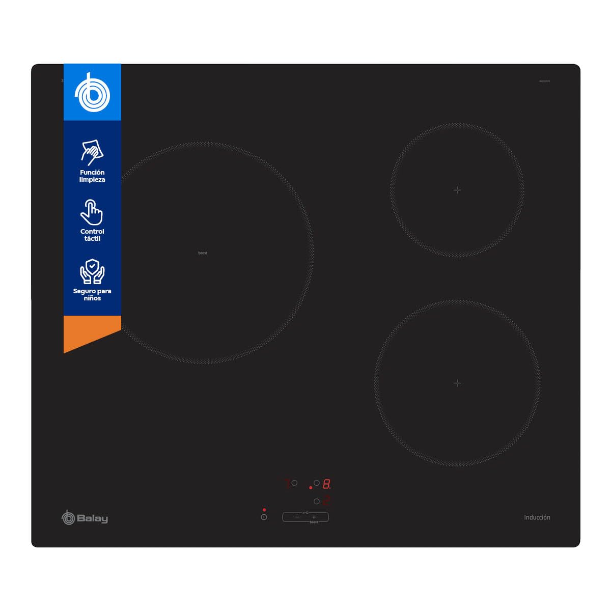 Balay - Placa de Inducción, 60 cm de ancho, 3 fuegos, Zona de 24 cm con Función Sprint, Control Tactil y Programable, Negra, 3EB864EN