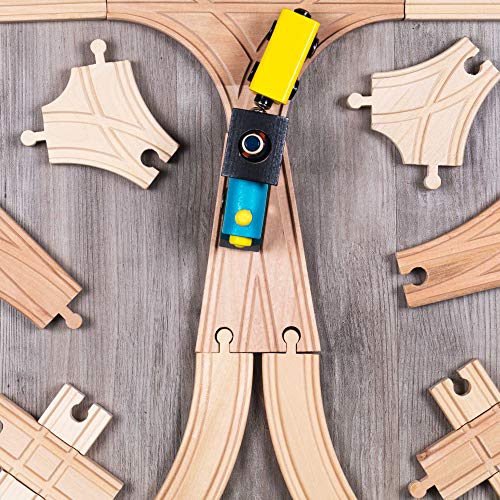 switch track wooden train set 18 pcs - 8 way turntable rail station accessory curved switch tracks basic and advanced pieces - expansion compatible with all major classic toy train hobby brands