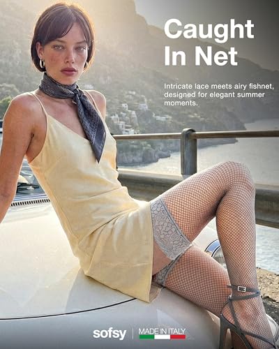 Image of sofsy Italian-Made Soft Fishnet Stockings for Women | 10-Year Hosiery Craftsmanship, Soft Dual Silicone Lace Top, Thigh Highs, Small Grid, Dig-Free, Stretchy