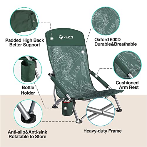 Villey Low Beach Chair, High Back Folding Beach Chair For Adults, Lightweight And Portable For Outdoor, Beach, Camping, Lawn, Music Festival, With Cup Holder And Carry Bag-Vintage Green Leaves #TOP4