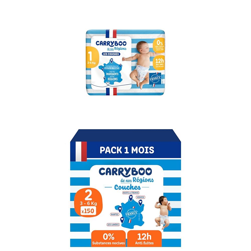 CARRYBOO - Couches Taille 1 & 2 – Duo évolutif naissance (2 à 6 kg) - Saines et Ultra Absorbantes - 12h Anti Fuites - T1 x 48 couches & T2 x 150 couches - Fabriquées en France