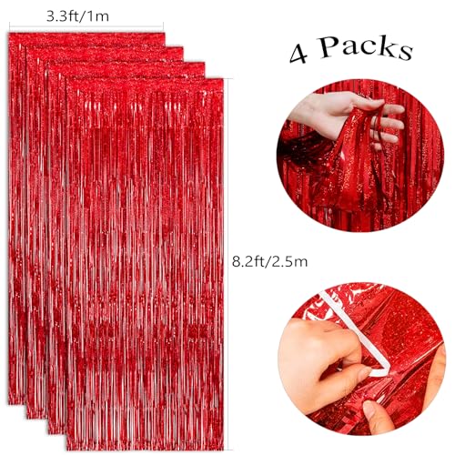 Image of 4 Pack Red Tinsel Foil Fringe Curtains Backdrop, Slmeno Red Metallic Fringe Backdrop Curtains Glitter Party Streamers, for Birthday Valentines New Year Holiday Party Decorations