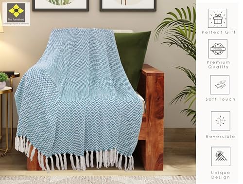 Image of Chevron 78x60 Inch Reversible Cotton Throw Blanket with Tassels| Blanket for Living Room, Sofa, Bed, Chair, Picnic & Used for Gift | Teal Narrow Chevron, Size - 200x150 Cm