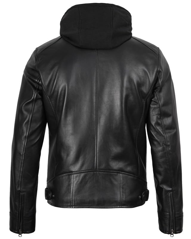 Image of Decrum Men's Real Lambskin Leather Jacket with Hood | Hooded Style, Zip Closure, Exterior and Interior Pockets, Polyester Lining